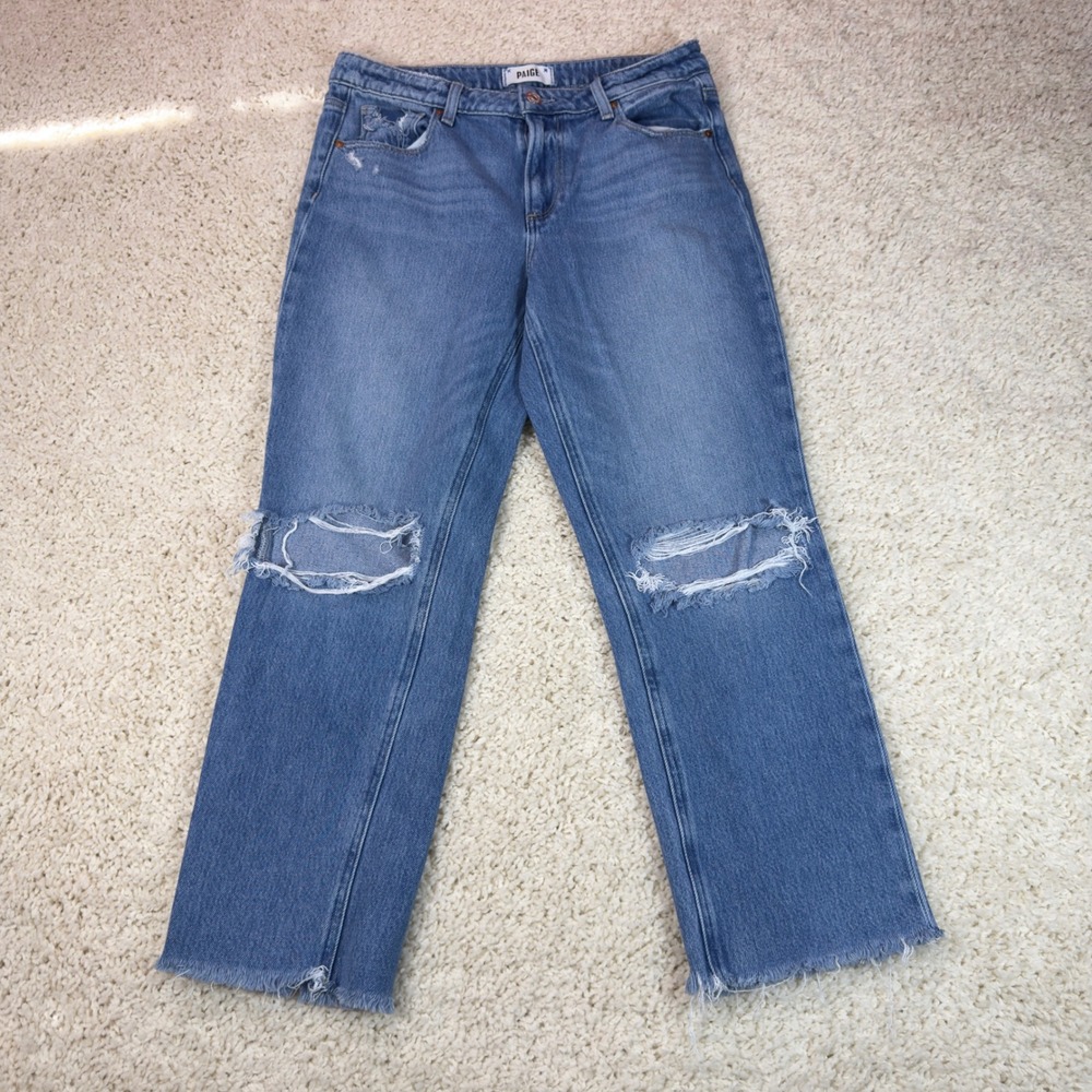 Paige Noella Straight Leg Jeans Women 28 Blue Distressed Raw Hem Denim Relaxed